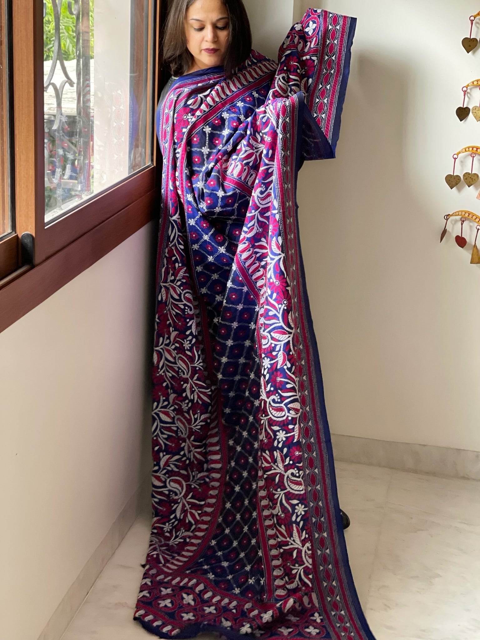Blue Handmade Nakshi Kantha Dupatta in Pure Silk - Masakalee