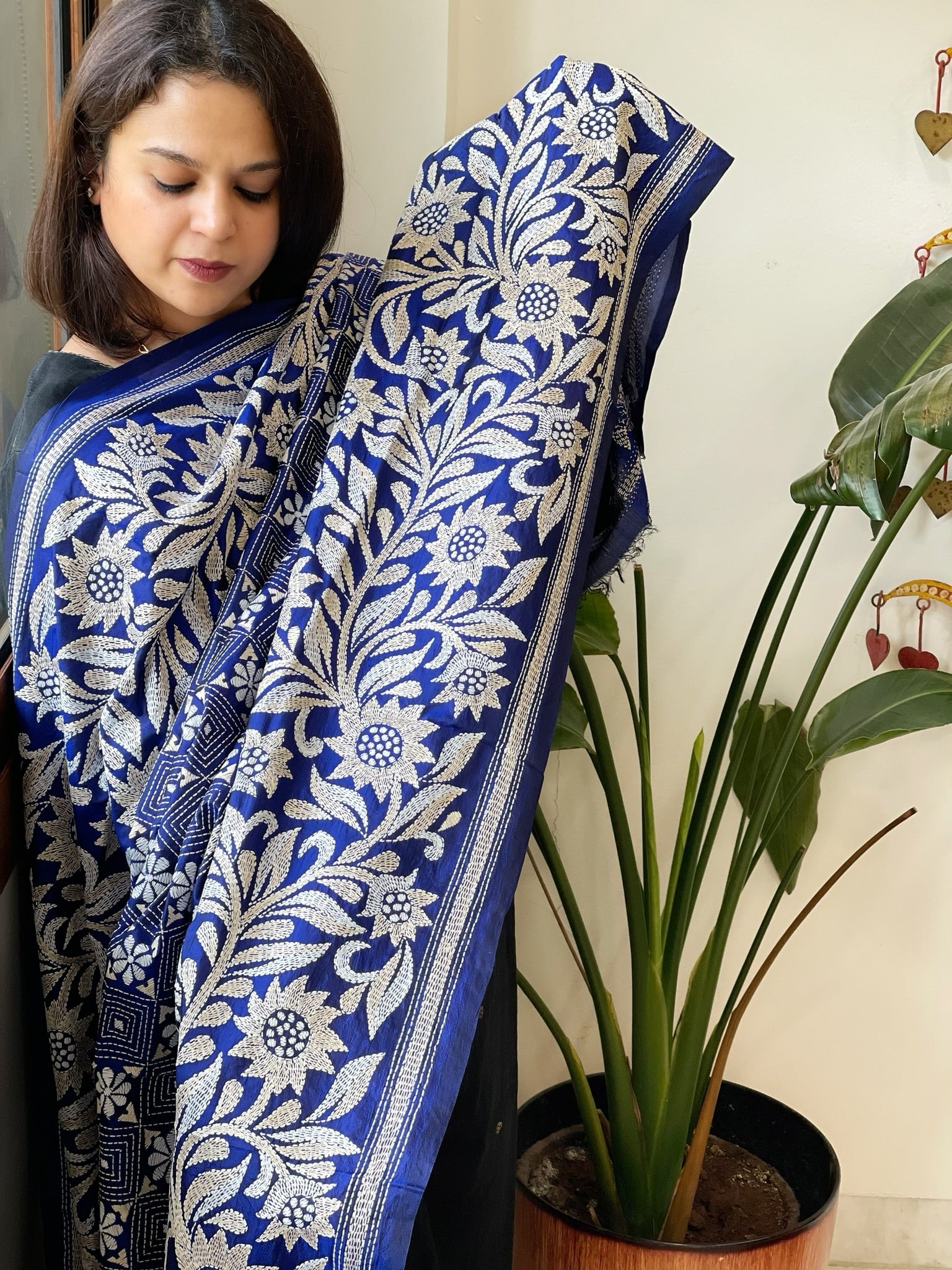 Blue Handmade Nakshi Kantha Dupatta in Pure Silk - Masakalee