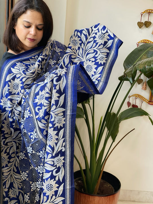 Blue Handmade Nakshi Kantha Dupatta in Pure Silk - Masakalee