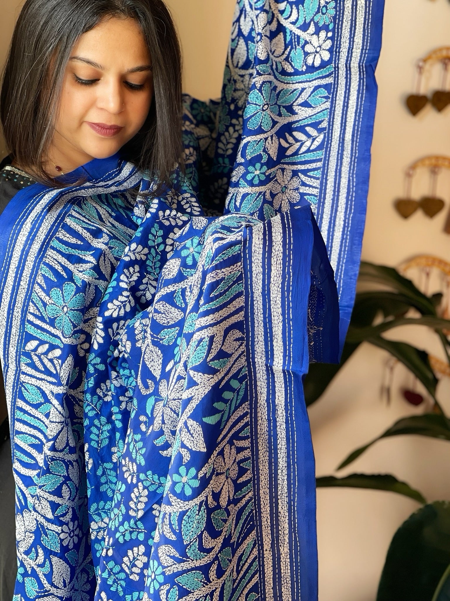 Blue Handmade Nakshi Kantha Dupatta in Pure Silk - Masakalee