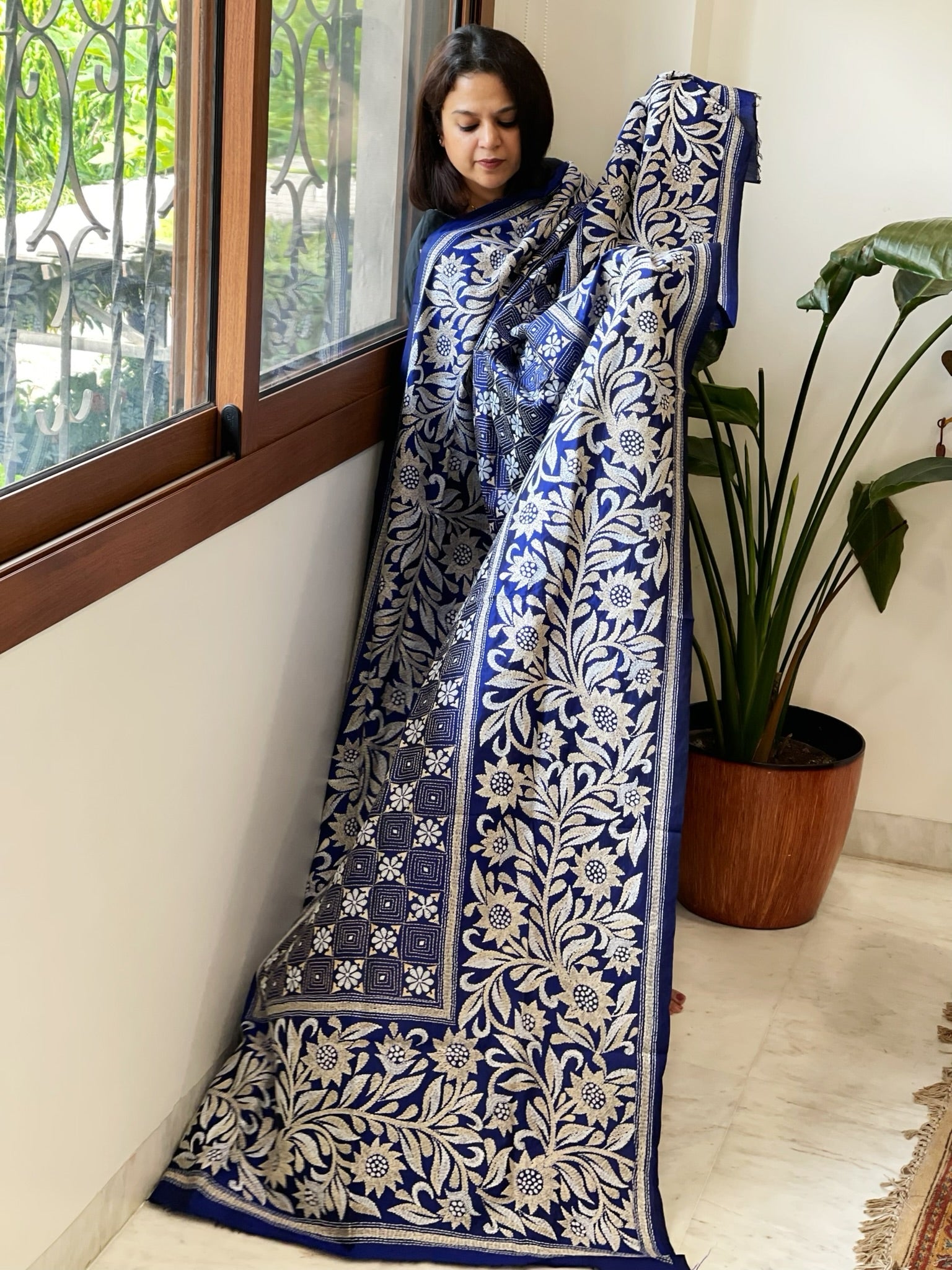 Blue Handmade Nakshi Kantha Dupatta in Pure Silk - Masakalee