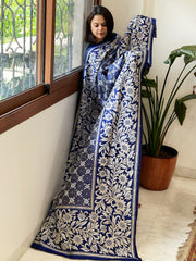 Blue Handmade Nakshi Kantha Dupatta in Pure Silk - Masakalee