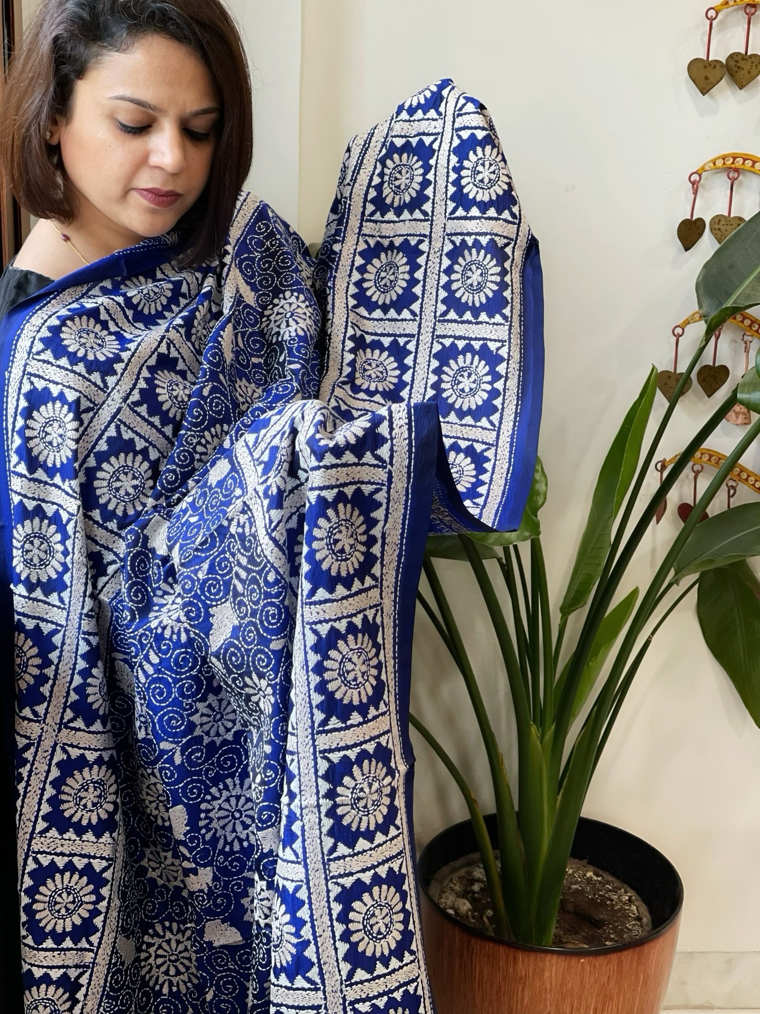 Blue Handmade Nakshi Kantha Dupatta in Pure Silk - Masakalee