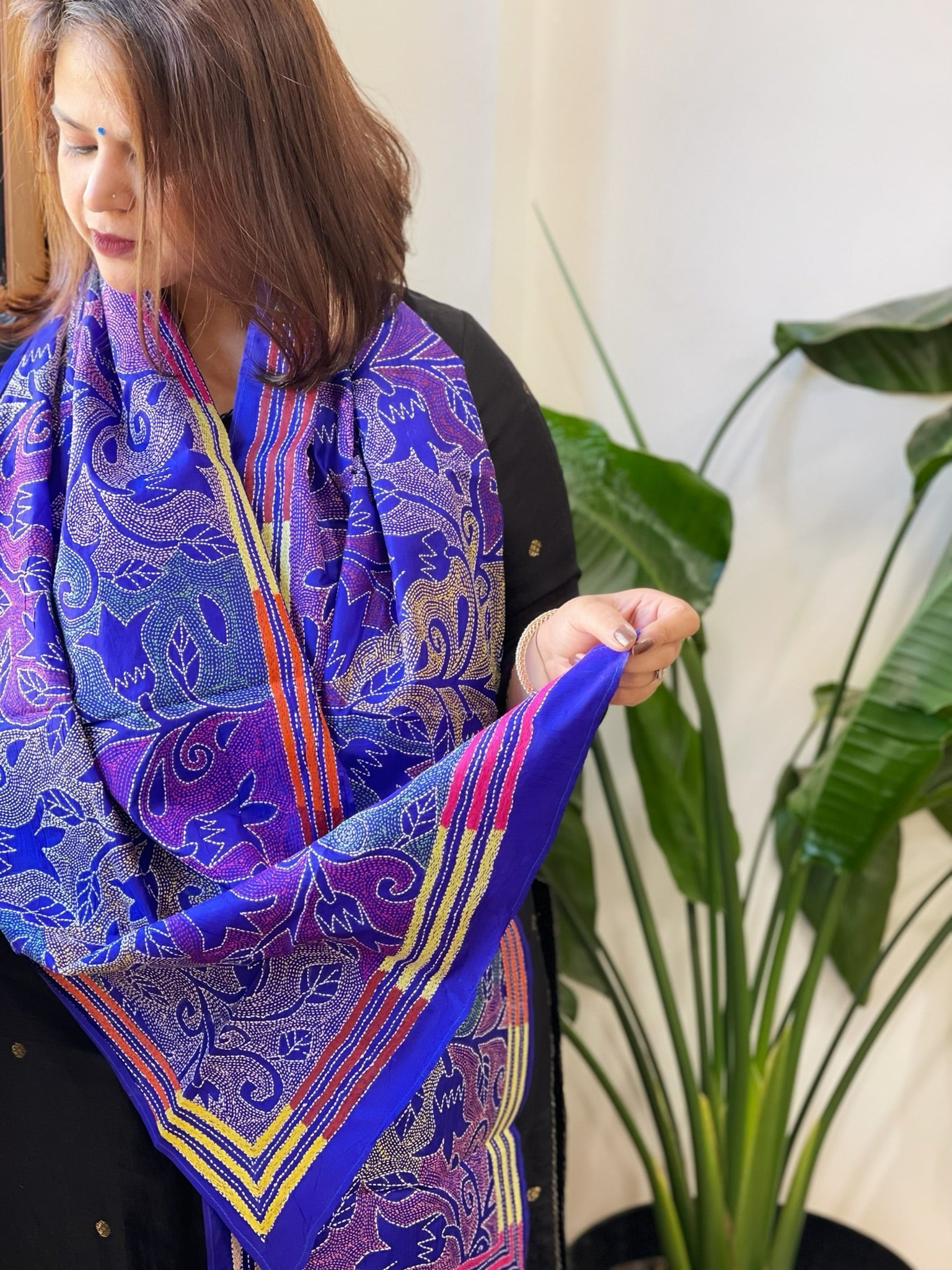 Blue Handmade Reverse Nakshi Kantha Stole in Pure Silk - Masakalee