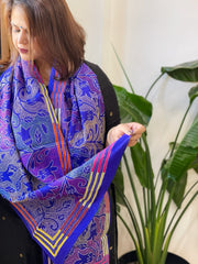 Blue Handmade Reverse Nakshi Kantha Stole in Pure Silk - Masakalee