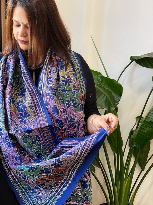 Blue Handmade Reverse Nakshi Kantha Stole in Pure Silk - Masakalee