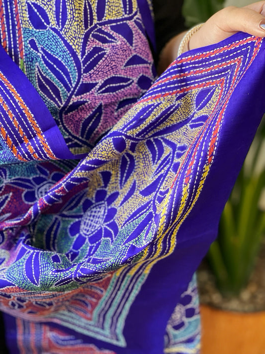 Blue Handmade Reverse Nakshi Kantha Stole in Pure Silk - Masakalee