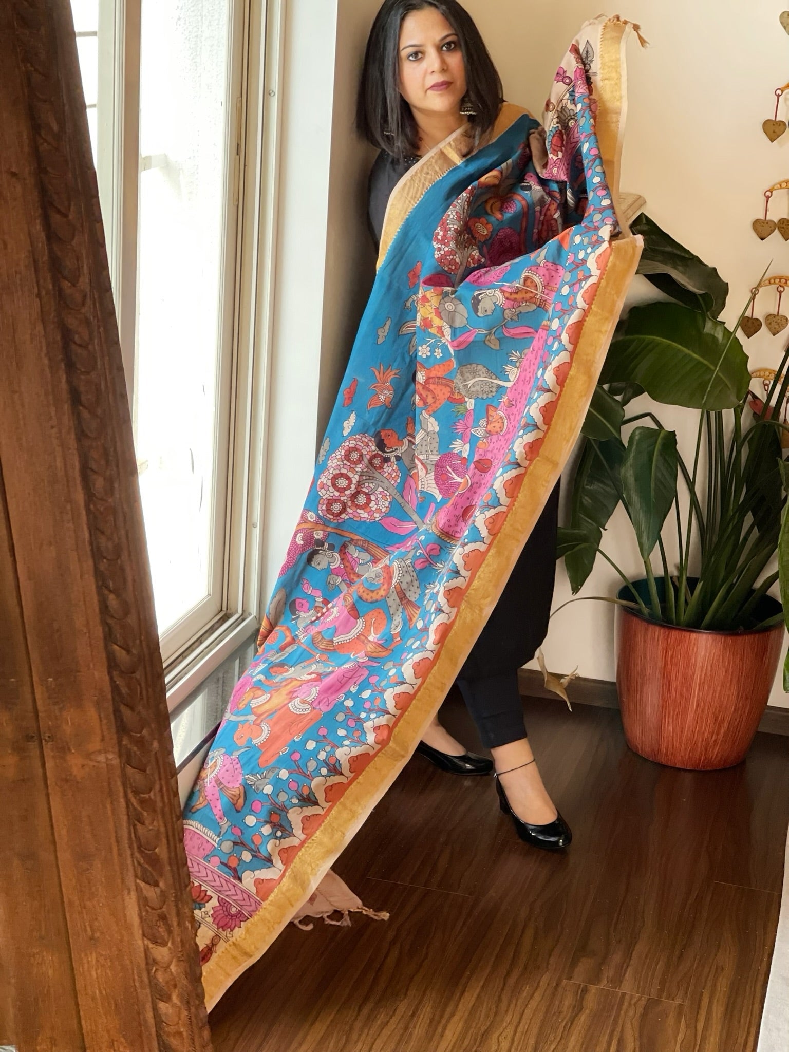 Blue Handpainted Kalamkari Dupatta in Cotton - Masakalee
