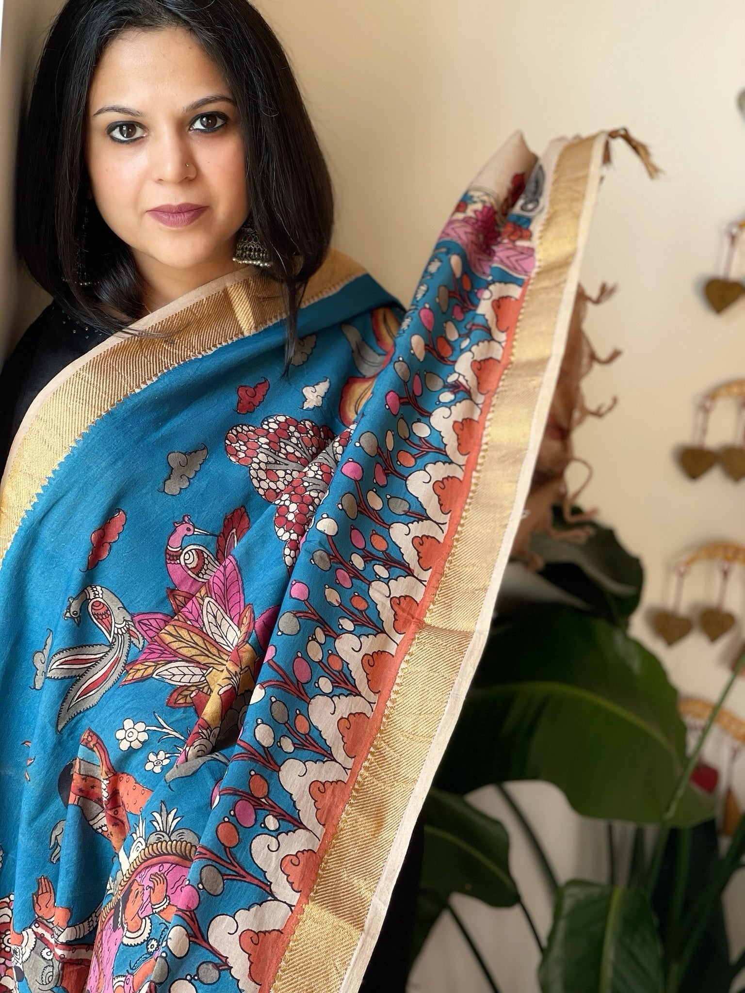 Blue Handpainted Kalamkari Dupatta in Cotton - Masakalee