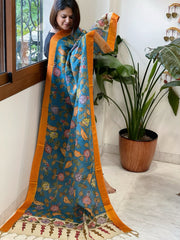 Blue Handpainted Kalamkari Dupatta with Thread & Mirror Handwork in Chanderi Silk - Masakalee