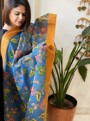 Blue Handpainted Kalamkari Dupatta with Thread & Mirror Handwork in Chanderi Silk - Masakalee
