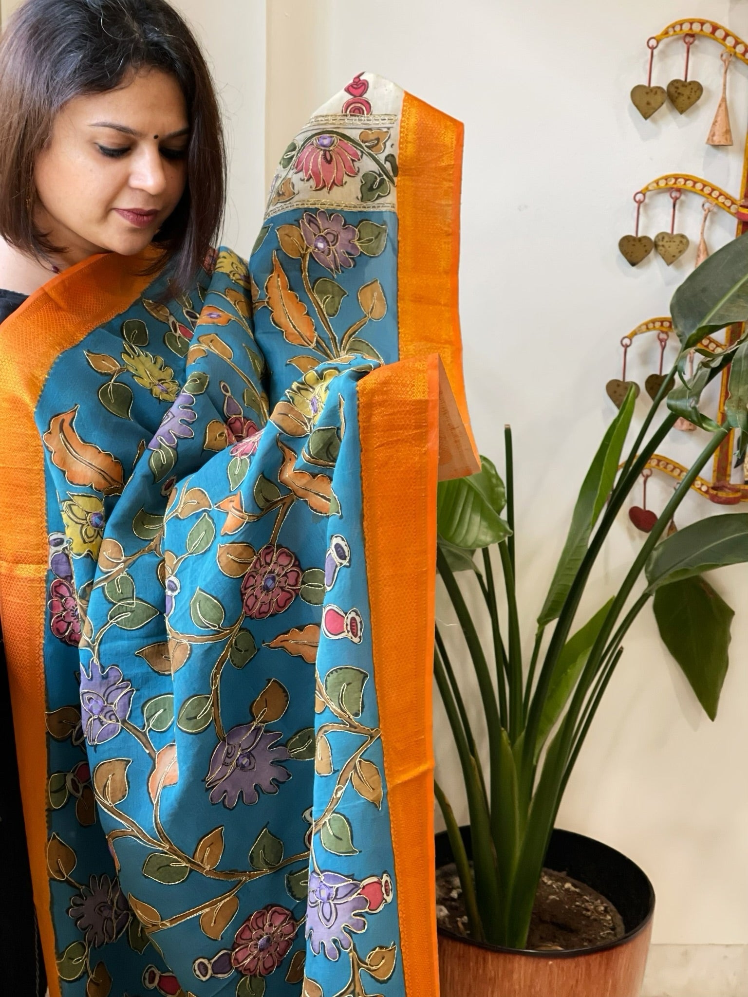 Blue Handpainted Kalamkari Dupatta with Thread & Mirror Handwork in Chanderi Silk - Masakalee