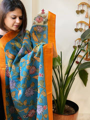 Blue Handpainted Kalamkari Dupatta with Thread & Mirror Handwork in Chanderi Silk - Masakalee
