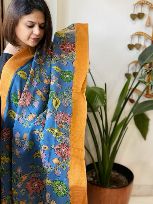 Blue Handpainted Kalamkari Dupatta with Thread & Mirror Handwork in Chanderi Silk - Masakalee