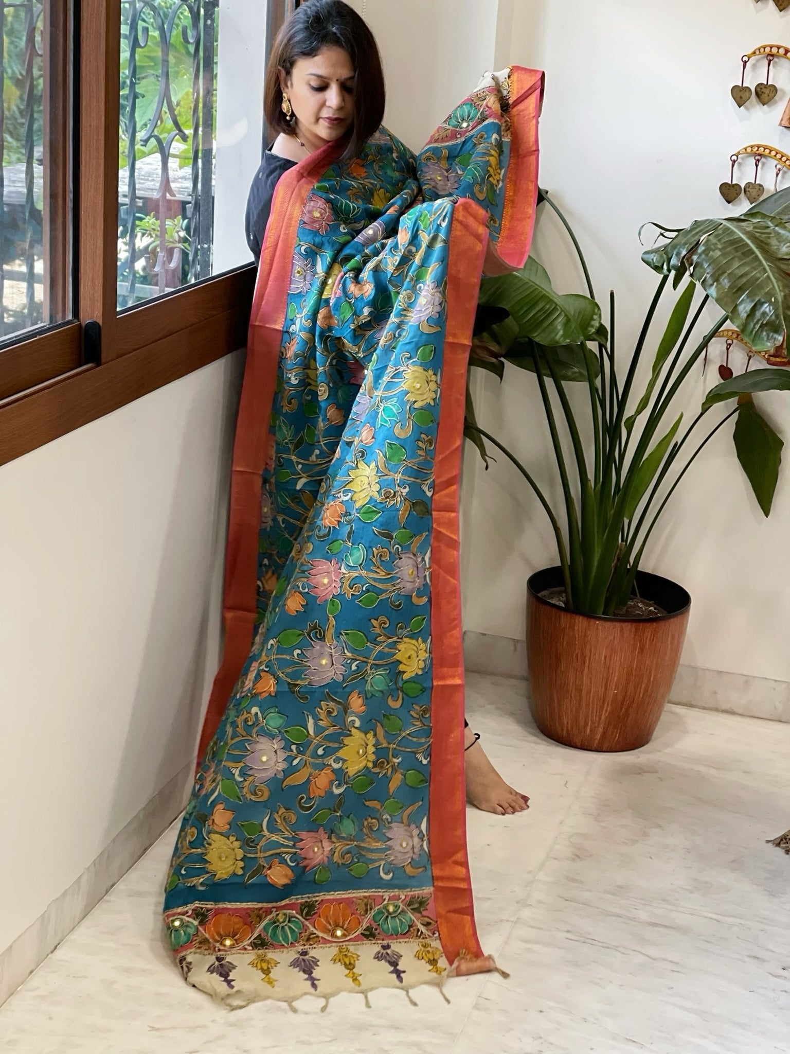 Blue Handpainted Kalamkari Dupatta with Thread & Mirror Handwork in Chanderi Silk - Masakalee