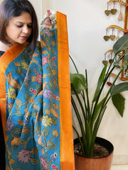 Blue Handpainted Kalamkari Dupatta with Thread & Mirror Handwork in Chanderi Silk - Masakalee
