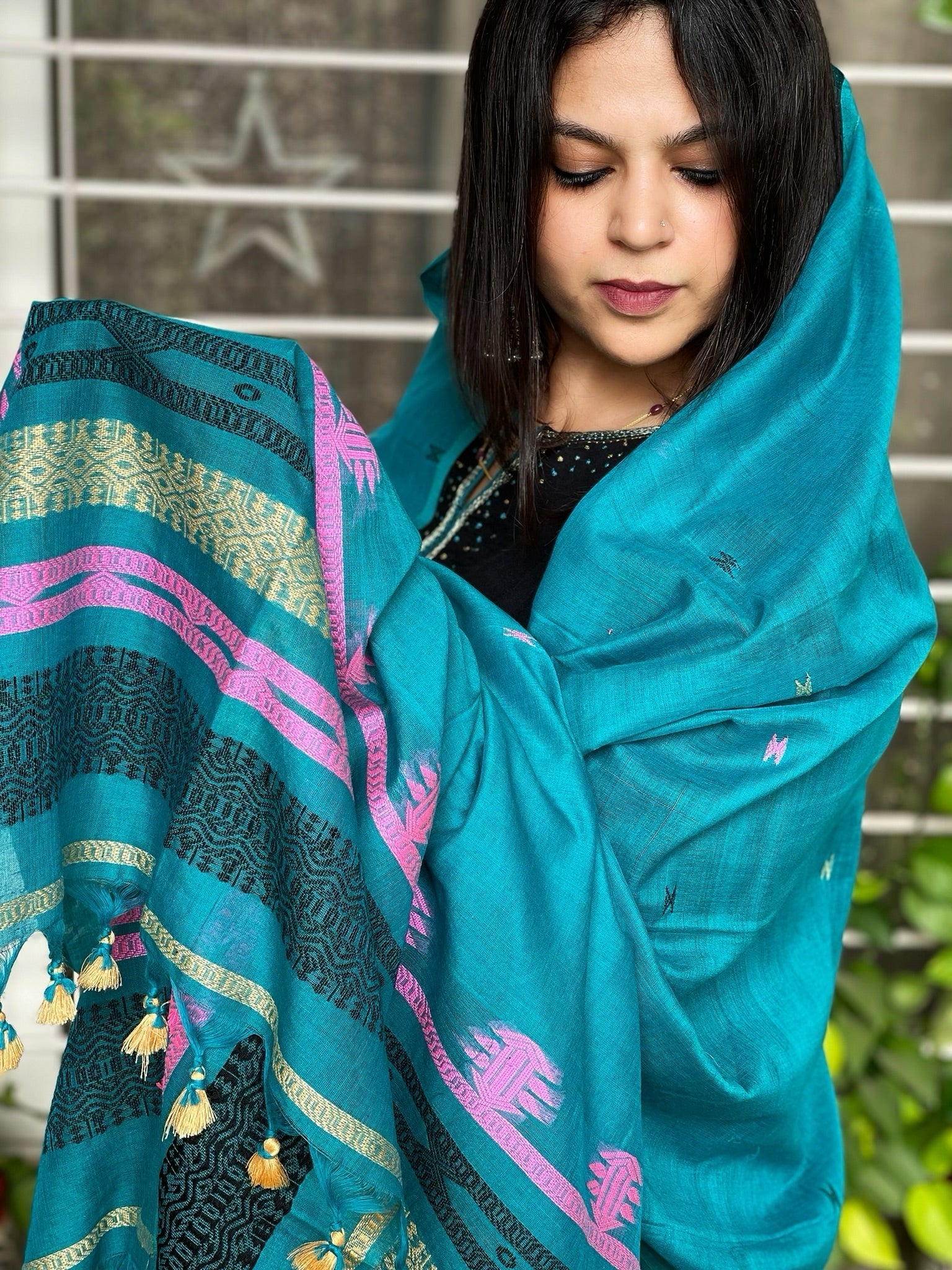 Blue Handwoven Bhujodi Dupatta in Chanderi Cotton - Masakalee