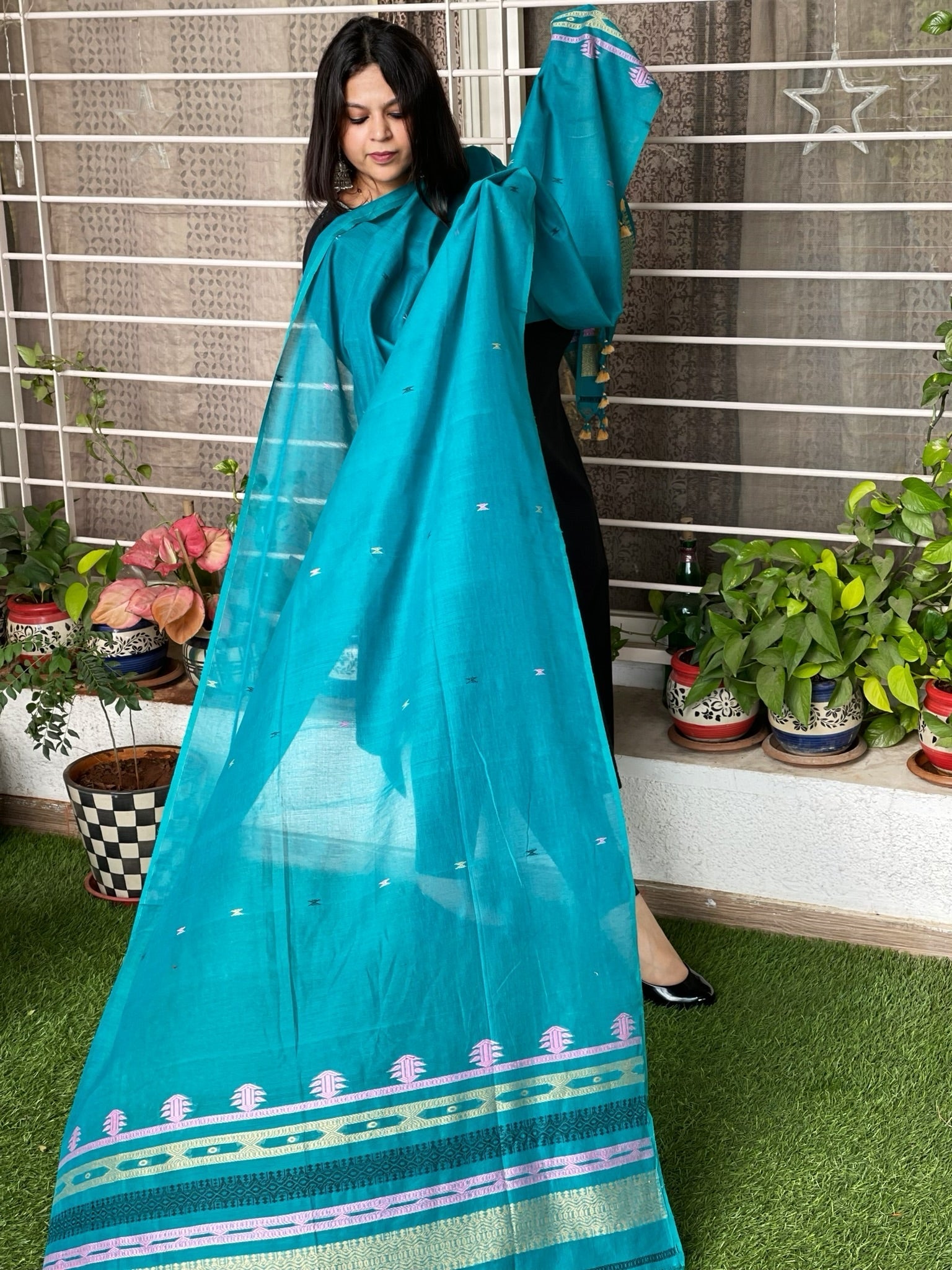 Blue Handwoven Bhujodi Dupatta in Chanderi Cotton - Masakalee