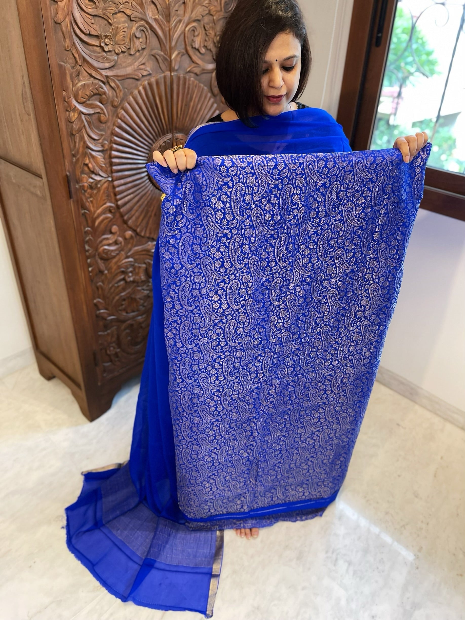 Blue Handwoven Brocade Suit Set in Pure Crepe - Masakalee