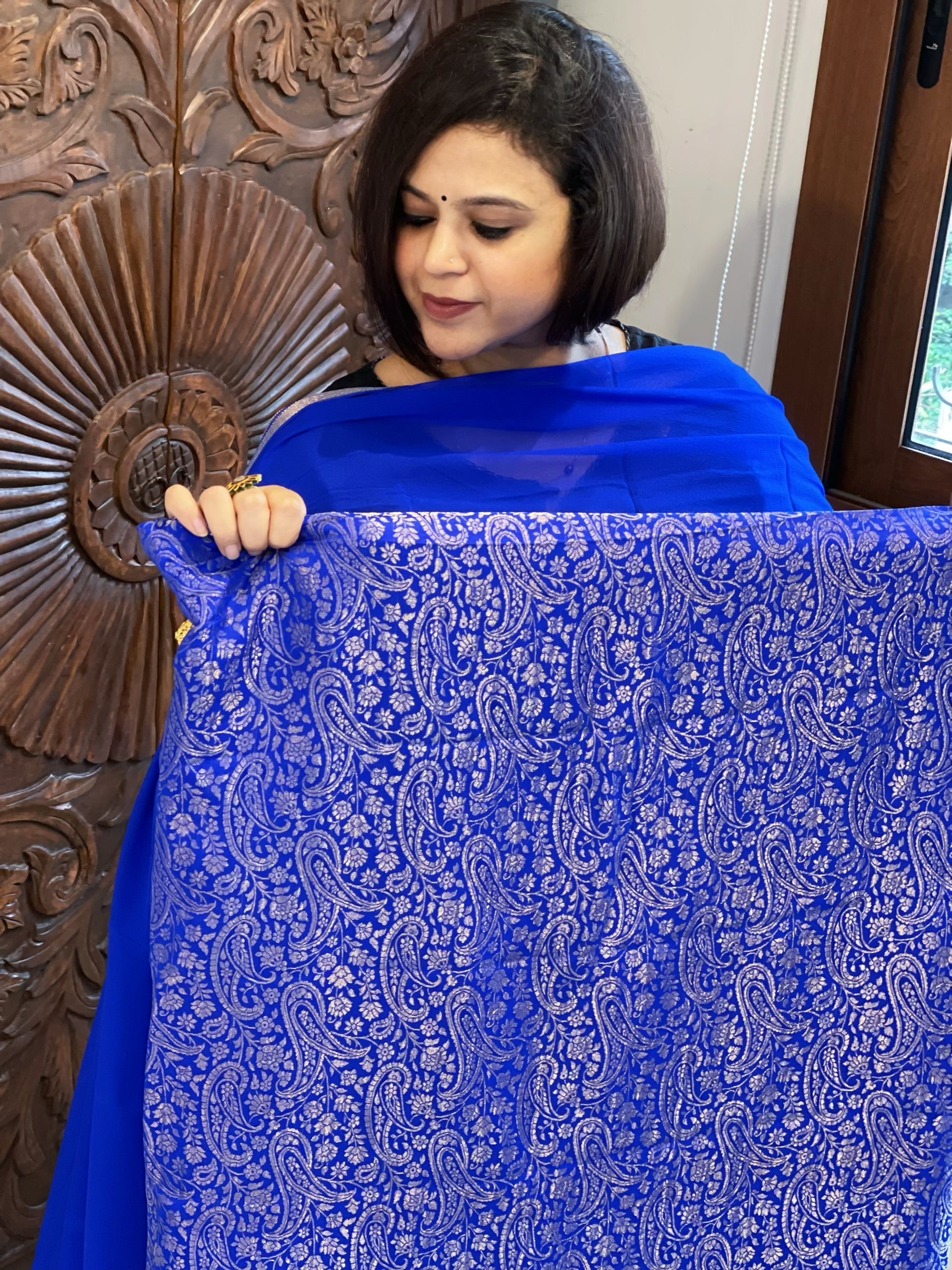 Blue Handwoven Brocade Suit Set in Pure Crepe - Masakalee