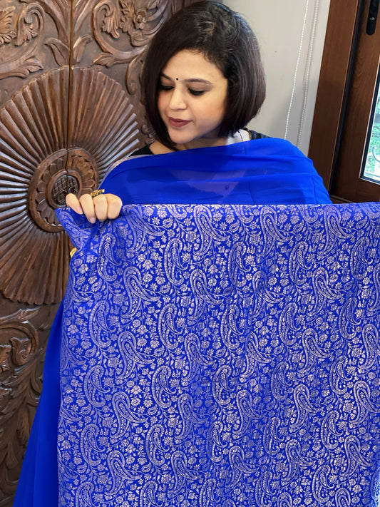 Blue Handwoven Brocade Suit Set in Pure Crepe - Masakalee
