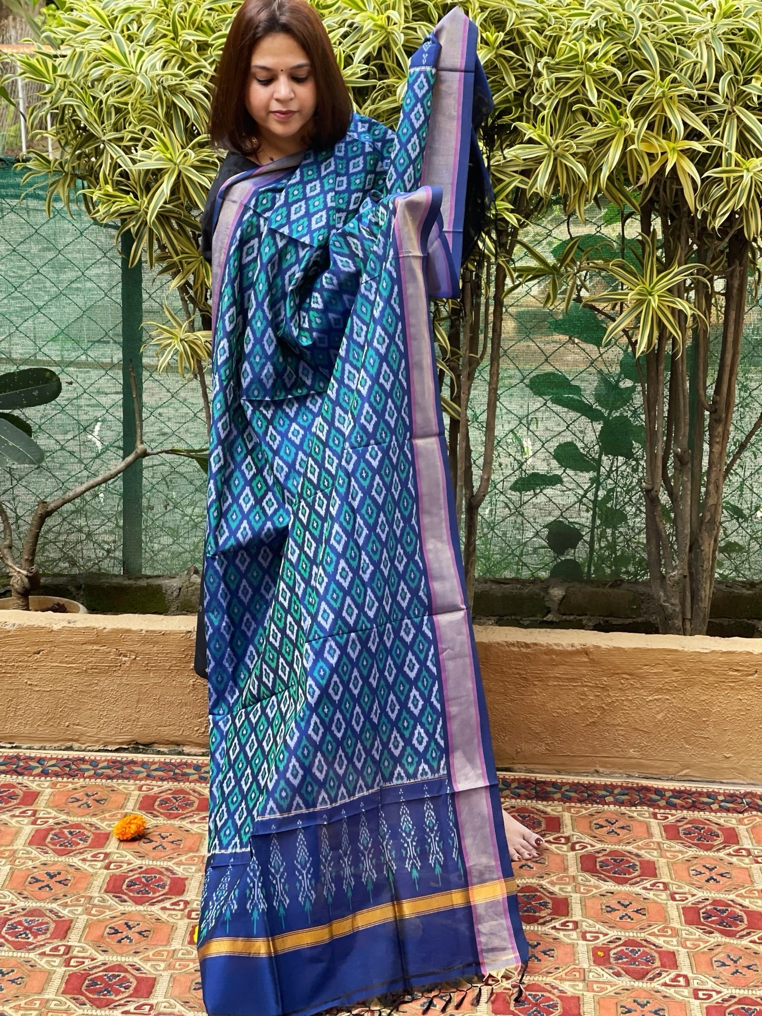 Blue Handwoven Ikat Dupatta Pure Silk - Cotton - Masakalee