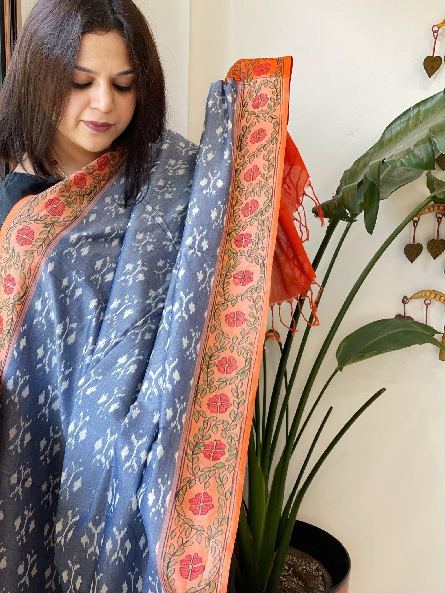 Blue Handwoven Ikat Dupatta with Handpainted Madhubani in Cotton - Masakalee