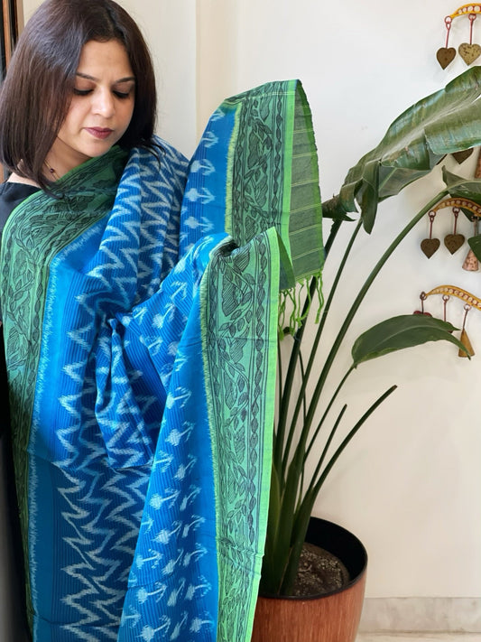 Blue Handwoven Ikat Dupatta with Handpainted Madhubani in Cotton - Masakalee