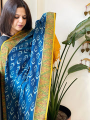 Blue Handwoven Ikat Dupatta with Handpainted Madhubani in Cotton - Masakalee