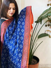 Blue Handwoven Ikat Dupatta with Handpainted Madhubani in Cotton - Masakalee