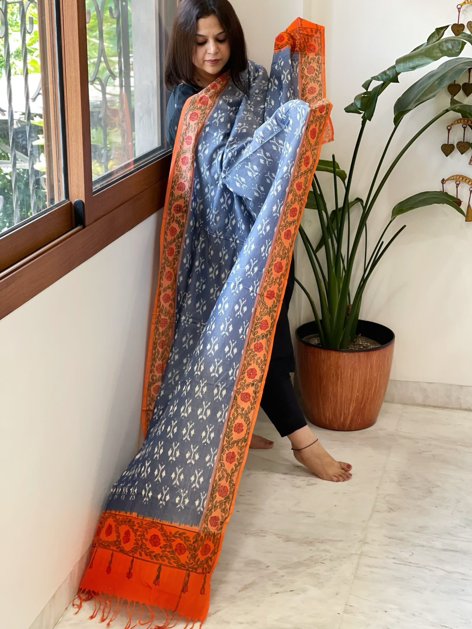 Blue Handwoven Ikat Dupatta with Handpainted Madhubani in Cotton - Masakalee