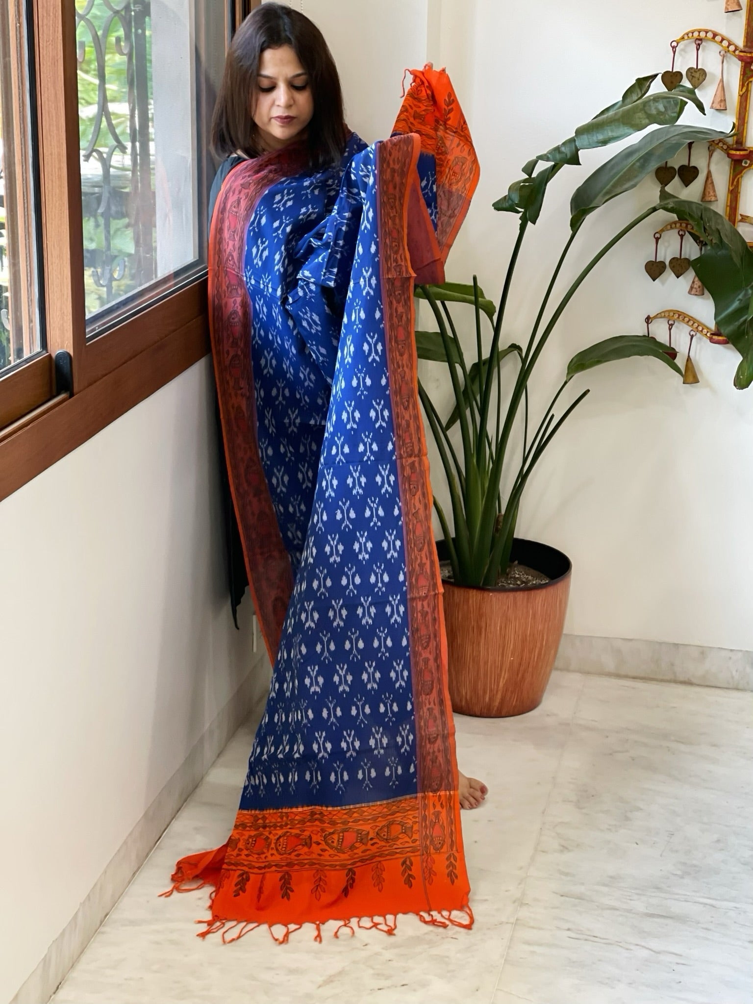 Blue Handwoven Ikat Dupatta with Handpainted Madhubani in Cotton - Masakalee