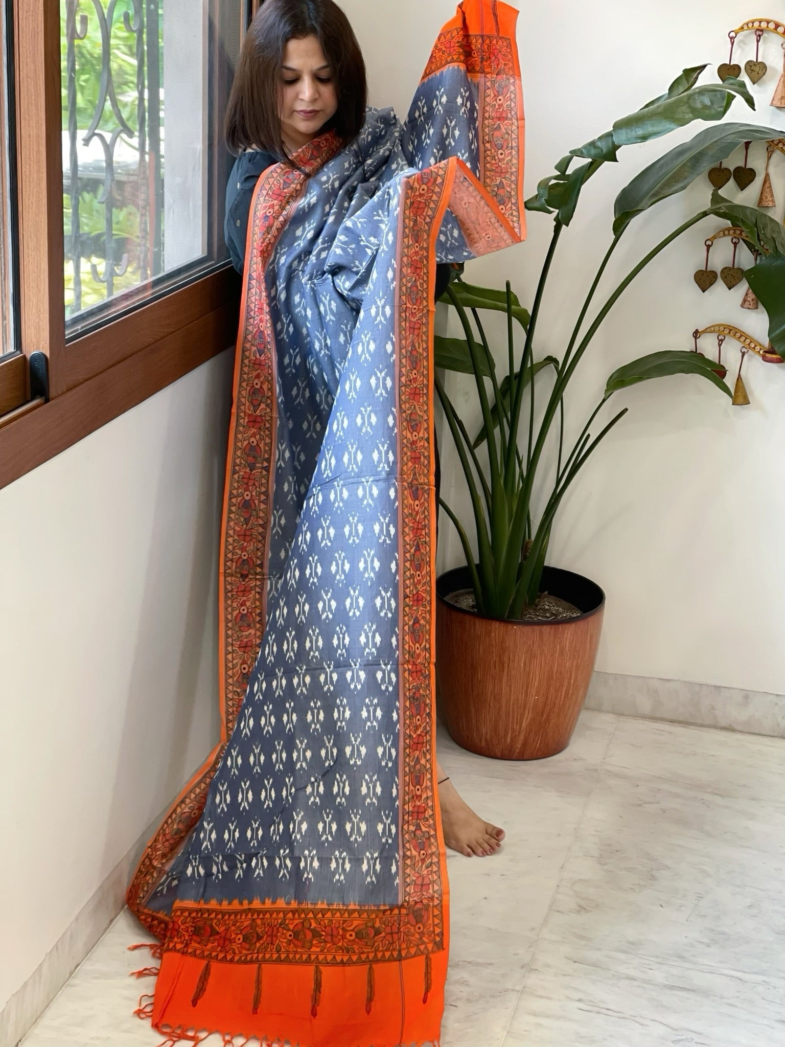 Blue Handwoven Ikat Dupatta with Handpainted Madhubani in Cotton - Masakalee
