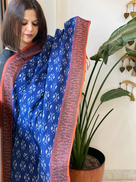 Blue Handwoven Ikat Dupatta with Handpainted Madhubani in Cotton - Masakalee