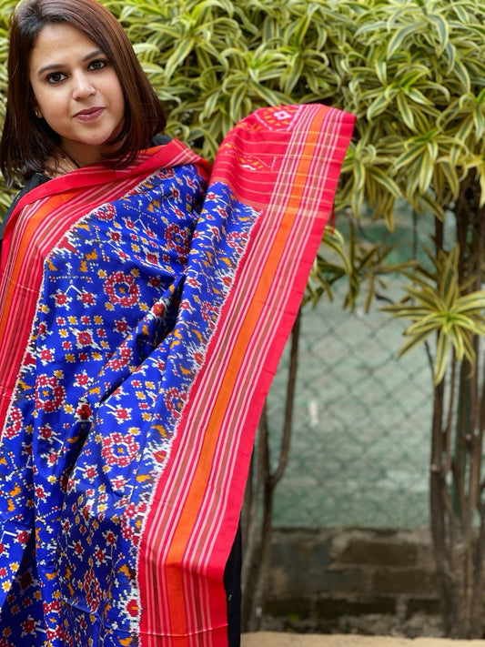 Blue Handwoven Ikat Patola Dupatta in Pure Silk - Masakalee