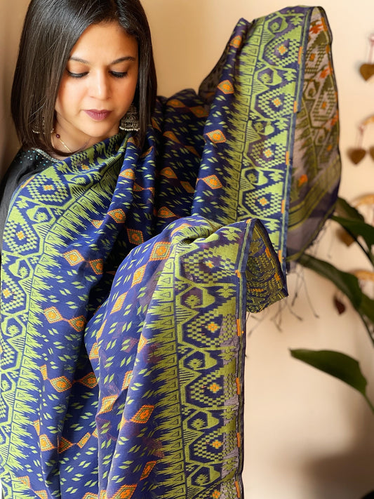 Blue Handwoven Jamdani Dupatta in Pure Muslin - Chanderi - Masakalee