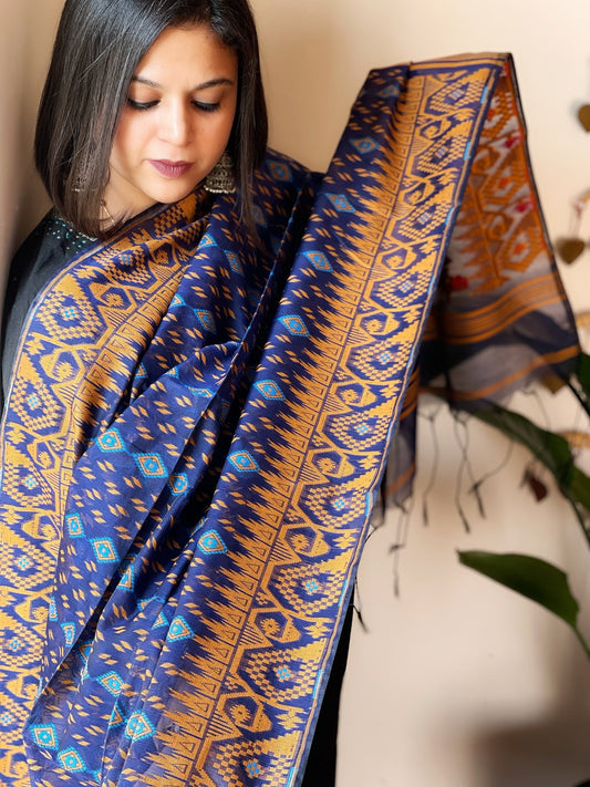 Blue Handwoven Jamdani Dupatta in Pure Muslin - Chanderi - Masakalee