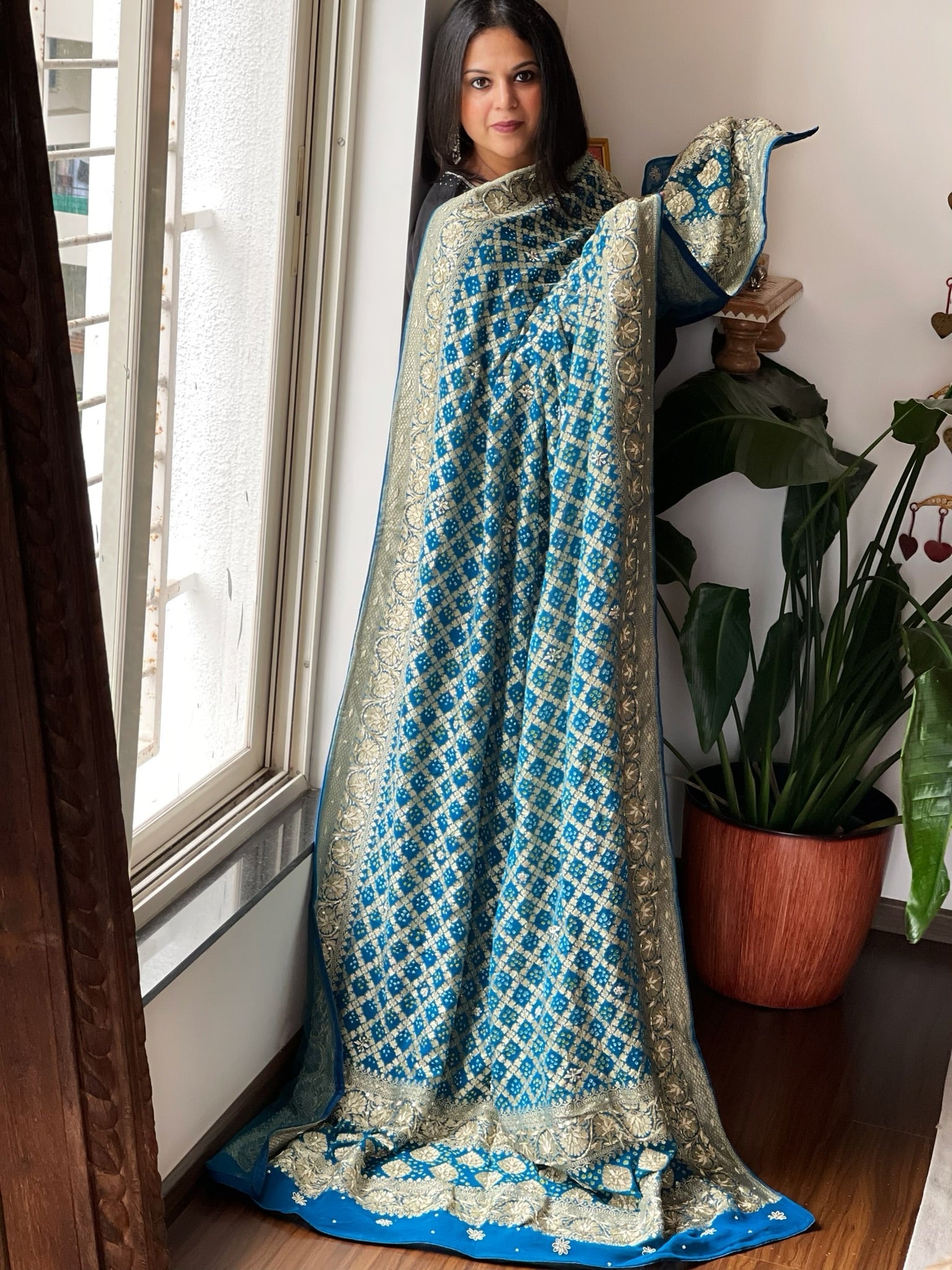 Blue Handwoven NeemZari Bareek Bandhani with Dabka Handwork in Pure Georgette - Masakalee