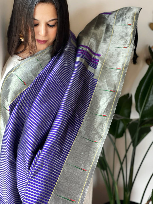 Blue Handwoven Paithani Dupatta in Pure Silk - Masakalee