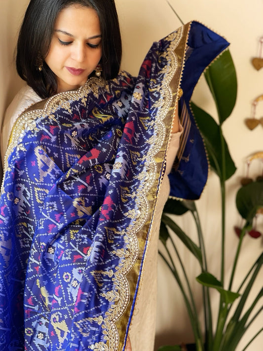 Blue Handwoven Rajkot Patola with Gotapatti Handwork in Pure Silk - Masakalee