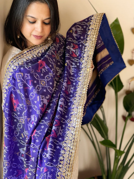 Blue Handwoven Rajkot Patola with Gotapatti Handwork in Pure Silk - Masakalee