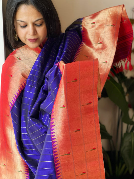 Blue Handwoven Triple Zari Border Paithani Dupatta in Pure Silk - Masakalee