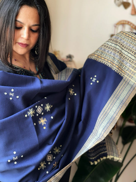 Blue Handwoven Woollen Shawl with Mirror Handwork - Masakalee