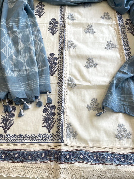 Blue, Ivory Handblock Printed Embroidered Suit Set with Lace Detailing in Pure Cotton - Masakalee