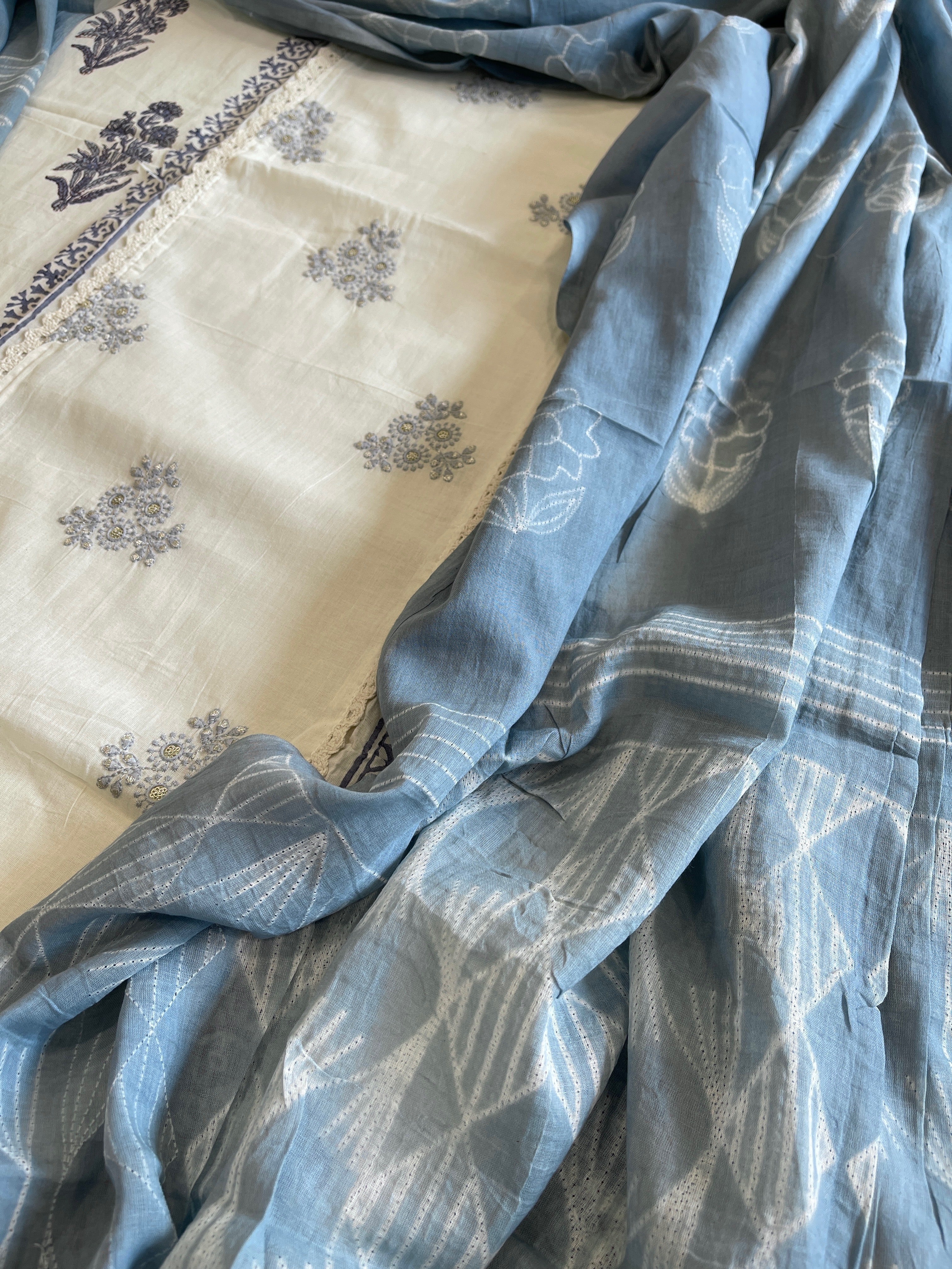 Blue, Ivory Handblock Printed Embroidered Suit Set with Lace Detailing in Pure Cotton - Masakalee