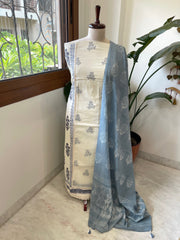 Blue, Ivory Handblock Printed Embroidered Suit Set with Lace Detailing in Pure Cotton - Masakalee