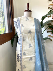 Blue, Ivory Handblock Printed Embroidered Suit Set with Lace Detailing in Pure Cotton - Masakalee