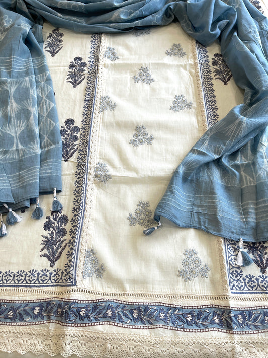 Blue, Ivory Handblock Printed Embroidered Suit Set with Lace Detailing in Pure Cotton - Masakalee
