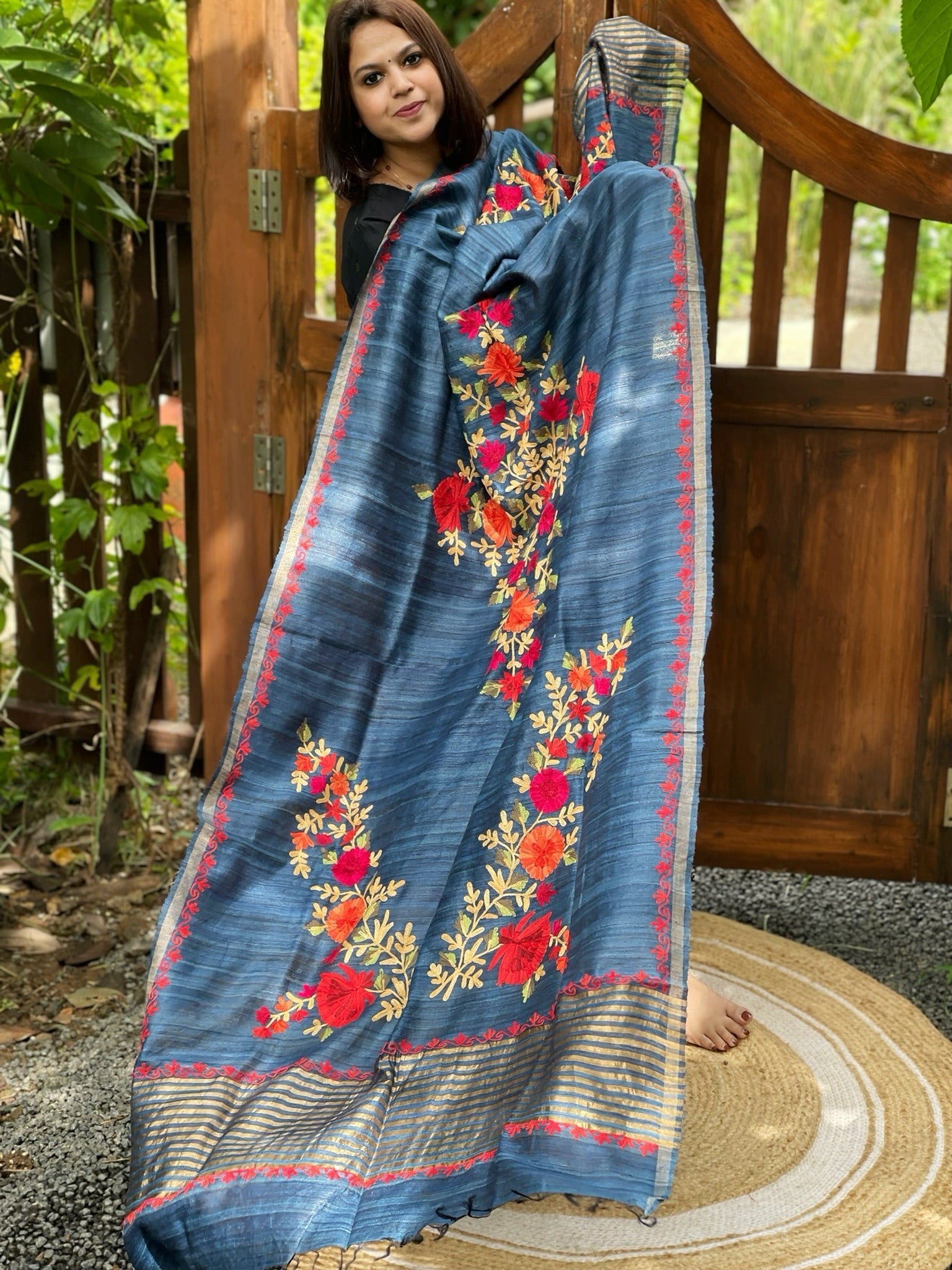 Blue Kashmiri Aari Embroidered Dupatta in Geecha Silk - Masakalee