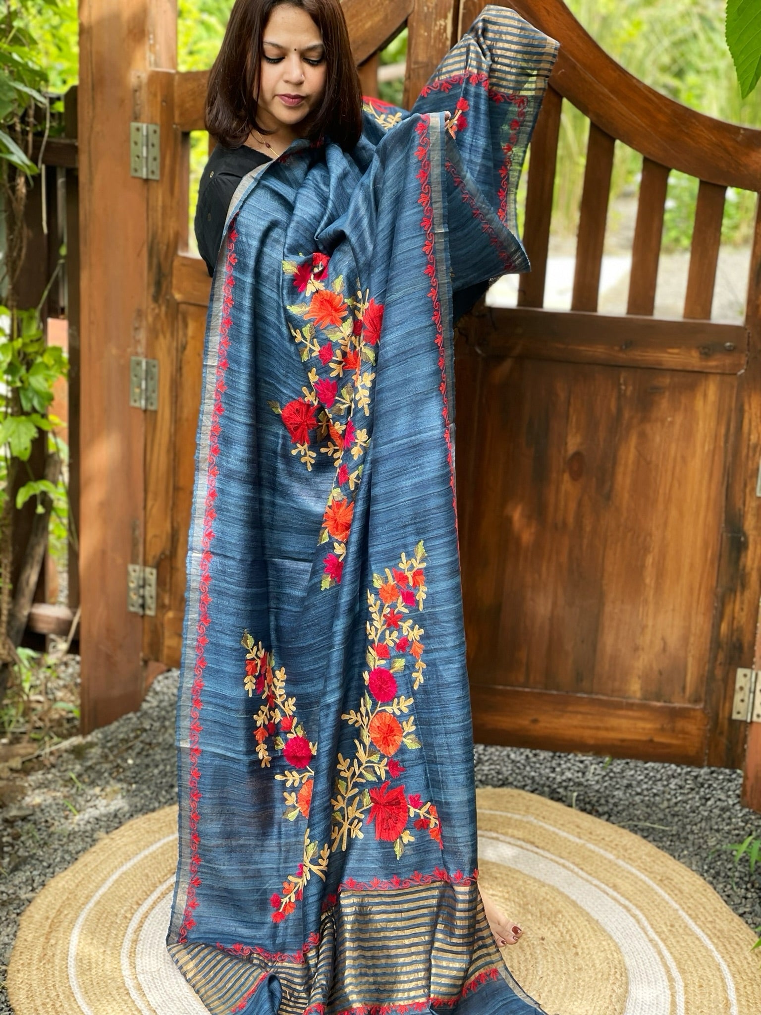 Blue Kashmiri Aari Embroidered Dupatta in Geecha Silk - Masakalee